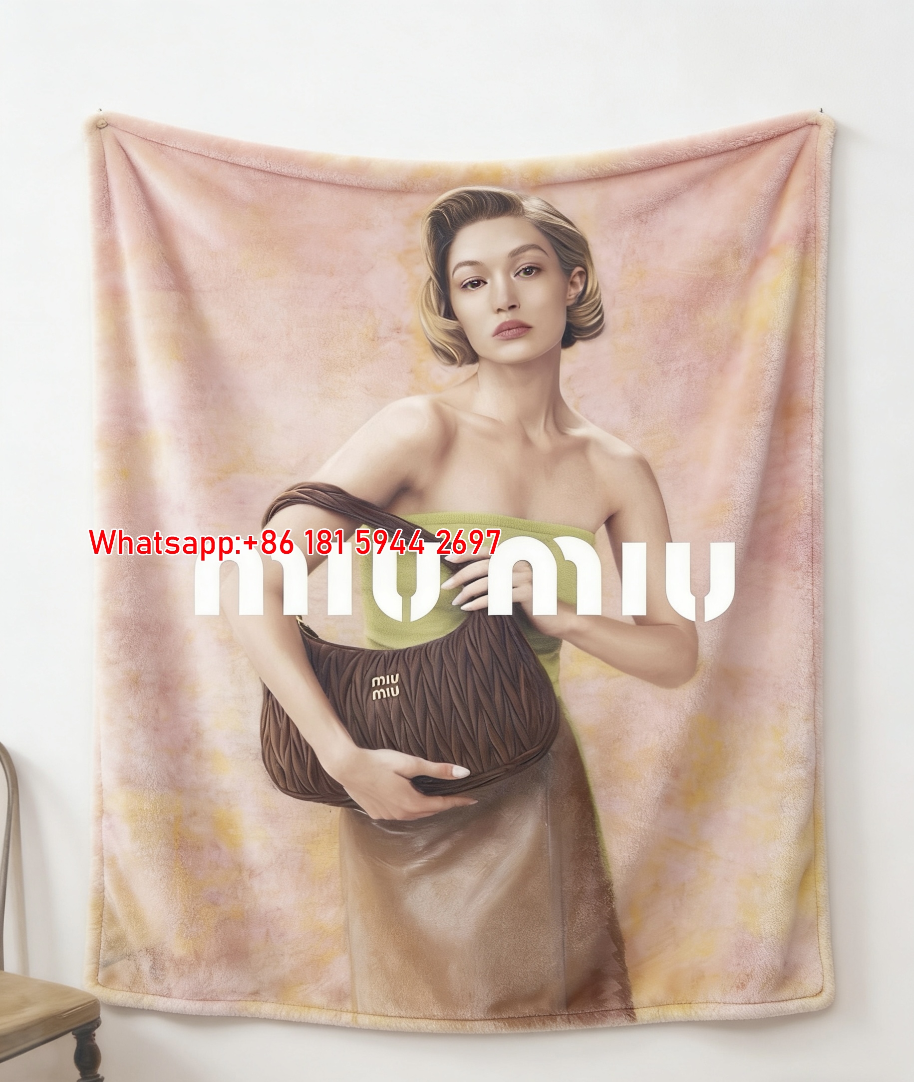 Miu Miu Pink & Brown & Green Vintage Portrait & Ruched Hobo Bag Printed Flannel Sofa Throw Blanket IMG_0466